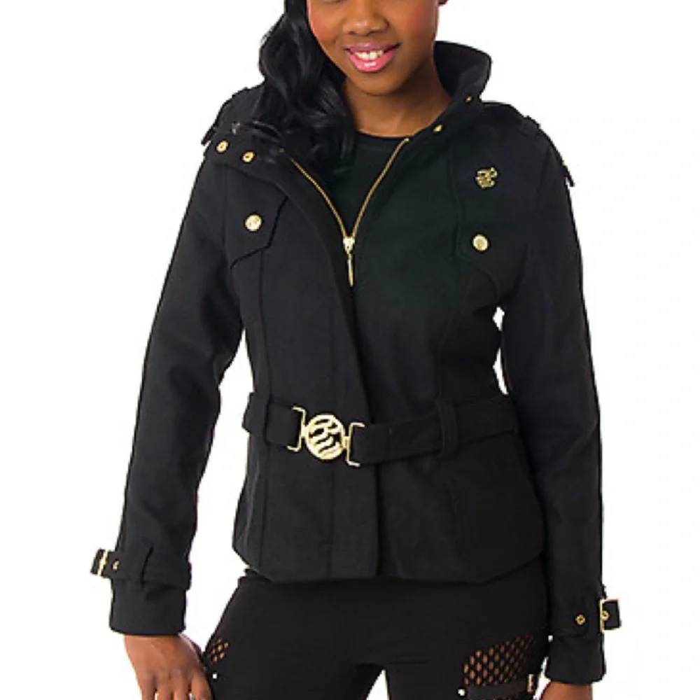 NEW ROCAWEAR black Y2K Zipper Snap  Belted Logo WOOL Winter  COAT Large L